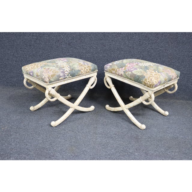 Ivory Hollywood Regency Rope & Floral Upholstered X-Base Stools For Sale - Image 8 of 9