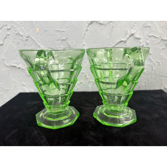 1930s 1930s Art Deco Indiana Glass Uranium Green Creamer & Sugar Set With Caddy – Depression Glass - 3pcs For Sale - Image 5 of 11