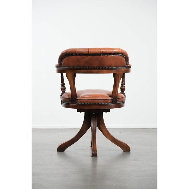 English Style Cowhide and Wood Chesterfield Office Chair with Decorative Nails For Sale - Image 4 of 17