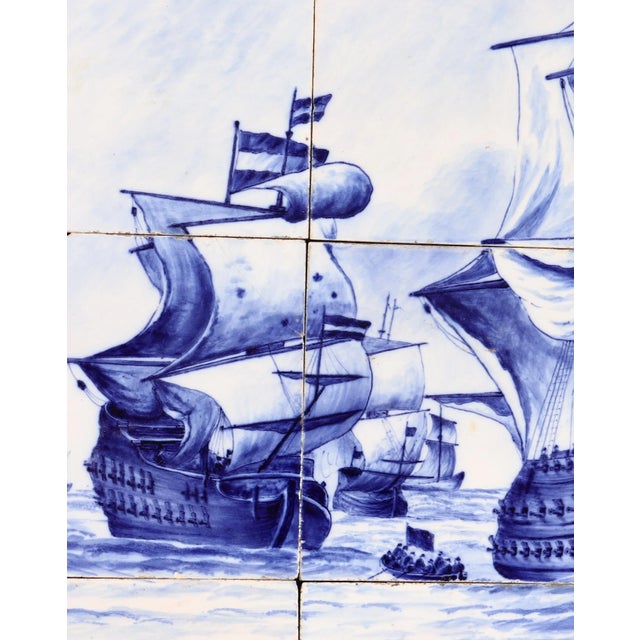 Nautical Dutch Delft Tile Picture, Fleet of Ships, Blue & White, Framed For Sale - Image 3 of 9