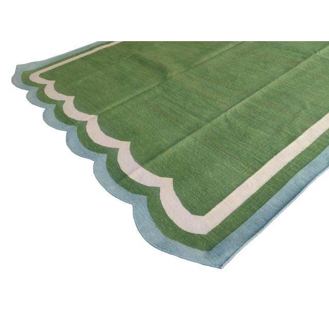 Casa Cosima Handmade Cotton Scalloped Rug, Moss Green with Cream and Light Blue Border 6'x9' For Sale - Image 4 of 6