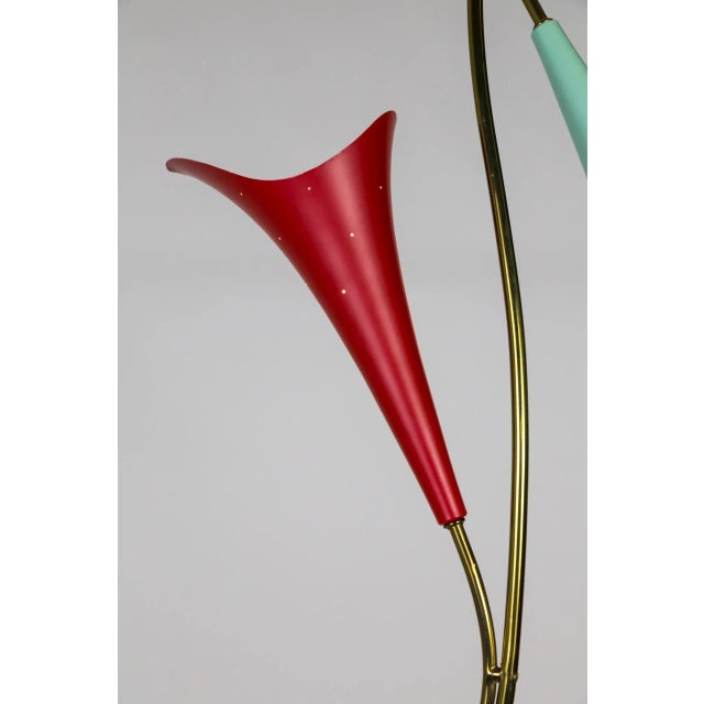 Mid Century 2-Light Pendant With Mint & Red Trumpet Flower Shades & Curved Stem For Sale - Image 10 of 13