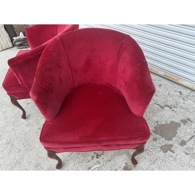 Pair of Red Velvet Vintage Tub Chairs For Sale - Image 11 of 12
