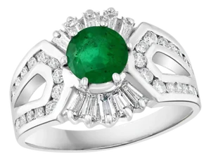 1.5 Carat Round Cut Emerald and 1.2 Carat Diamond Ring 18 Karat White Gold