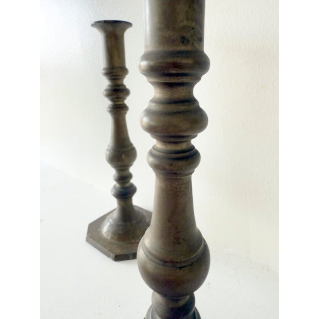Vintage Mid-Century Modern Brass Turned Candlestick Holders, a Pair For Sale - Image 9 of 13