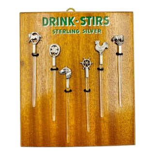 Mid-Century Sterling Silver & Lucite "Drink-Stirs" Set on Original Wall Plaque For Sale