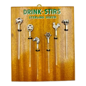 Mid-Century Sterling Silver & Lucite "Drink-Stirs" Set on Original Wall Plaque