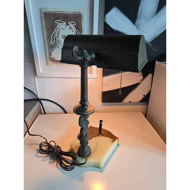 Arts & Crafts 1910s Early Bronze Sphinx Bankers Lamp W Onyx Base & Pen Holder For Sale - Image 3 of 13