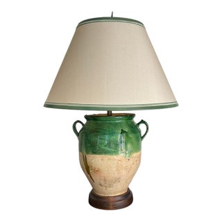 19th Century French Provincial Green Glazed Confit Jar, Converted to a Lamp For Sale