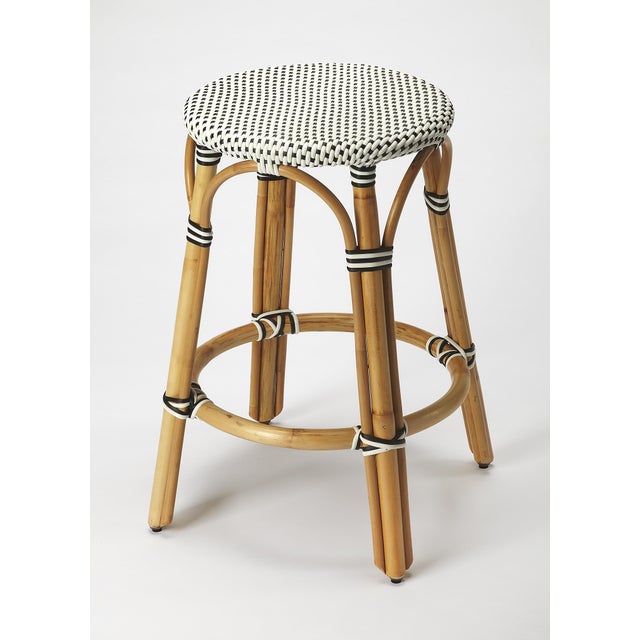 2020s Tobias 24 in. Seat Height Round Rattan Backless Counter Stool, White/Black Dot/ Natural Rattan Frame For Sale - Image 5 of 5