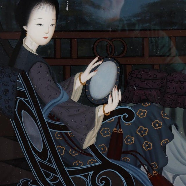 Chinese Antique Chinese Reverse Painted Wall Panel of a Woman C1920 For Sale - Image 3 of 8