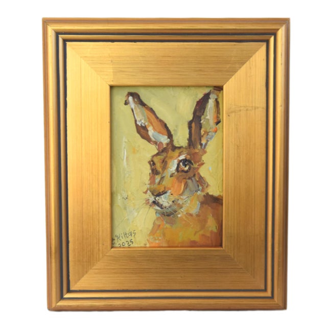 2020s Impressionist Rabbit Hare Oil Painting Including the Antiqued Gold Wood Frame For Sale - Image 5 of 5