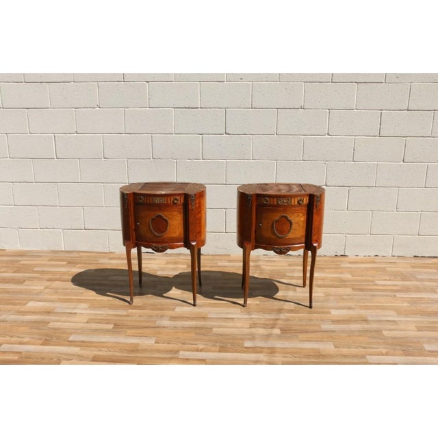 Pair Antique French Louis XV Style Marble Top Inlaid Wood Nightstands, Circa 1940s For Sale - Image 16 of 18