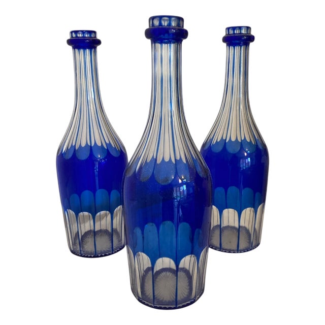 Cobalt Blue Glass Decanters or Serving Bottles, 1860s, Set of 3 For Sale