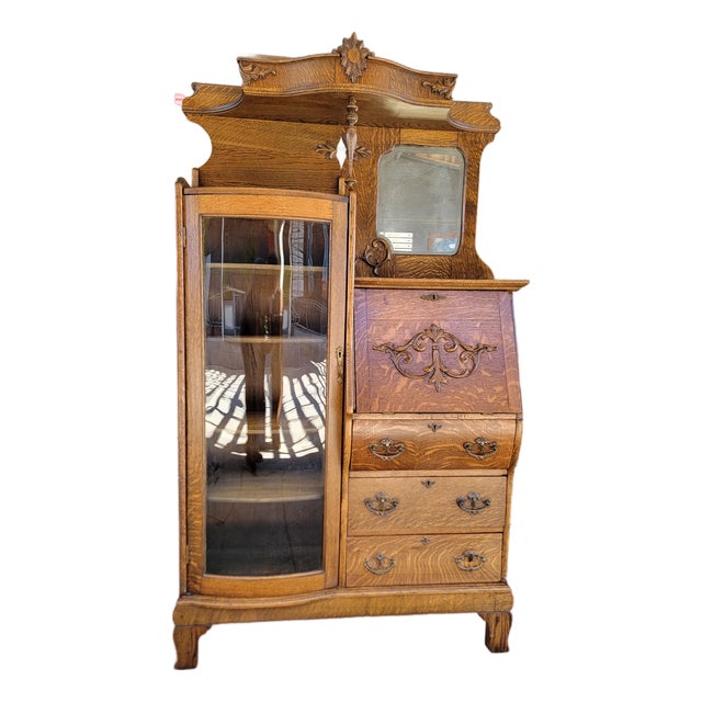 Antique Side by Side Desk, Display and Storage Cabinet. Tiger Oak Circa. 1900 For Sale