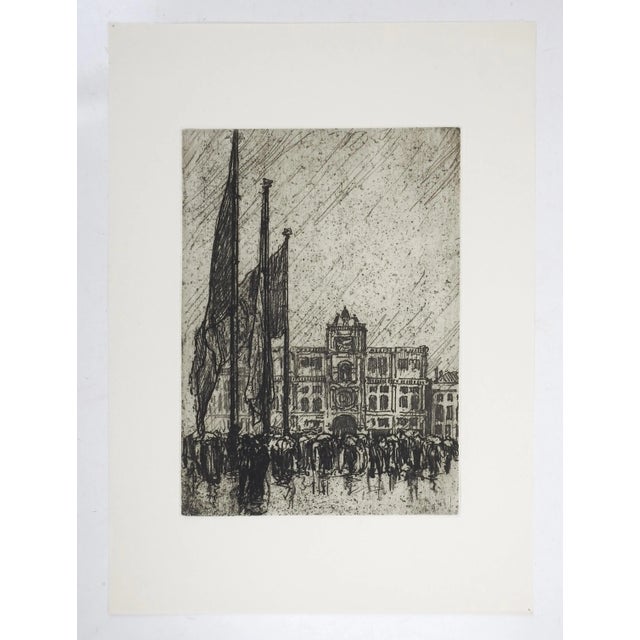 1915 etching on paper of continental cityscape on a rainy day by Nelson Dawson (1859-1941) England. Titled Sirocco on The...