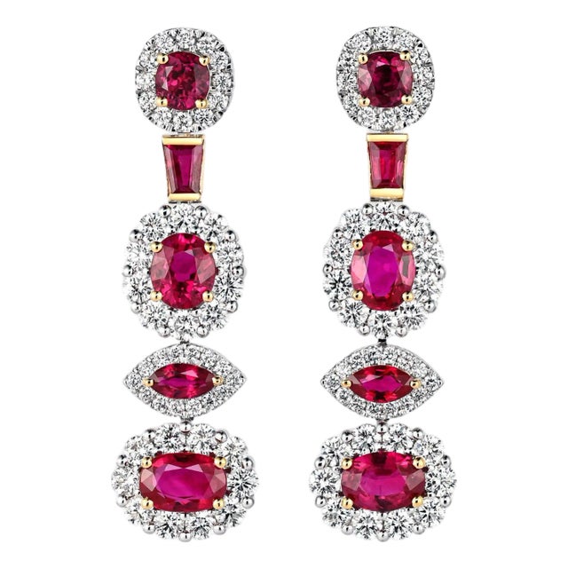 9.4 Carat Burma Ruby and Diamond Multi Shape Drop Earrings, A Pair For Sale