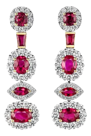 9.4 Carat Burma Ruby and Diamond Multi Shape Drop Earrings, A Pair