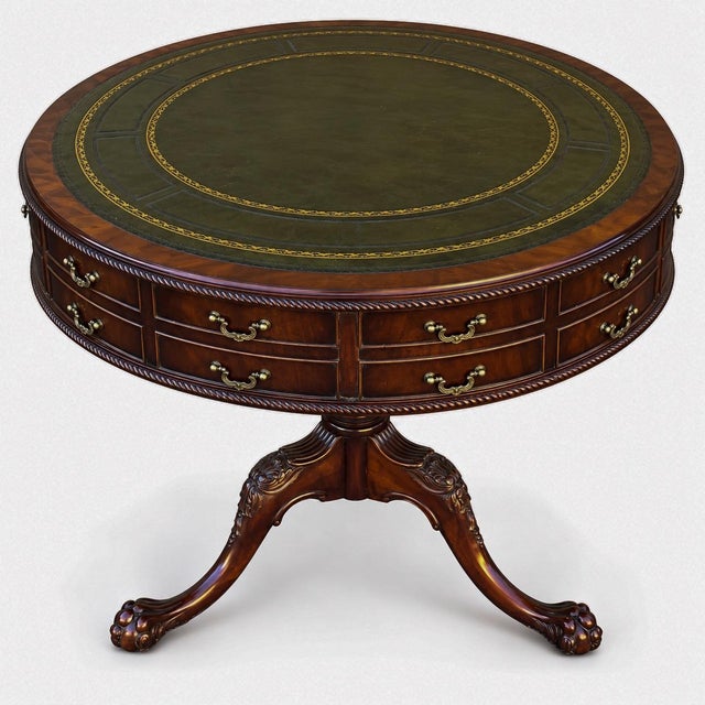 Mid 20th Century English Leather Top Georgian Style Mahogany Drum Table With Ball & Claw Feet For Sale - Image 5 of 5