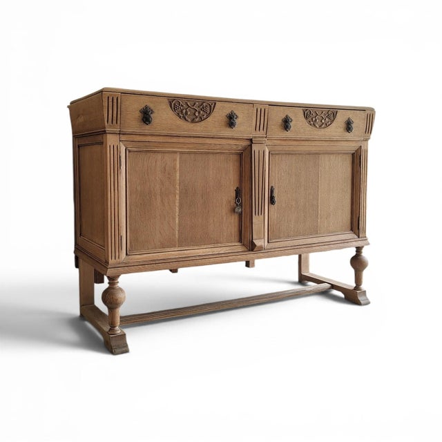 English Antique English Oak Sideboard With Bun Feet and Carved Details For Sale - Image 3 of 12