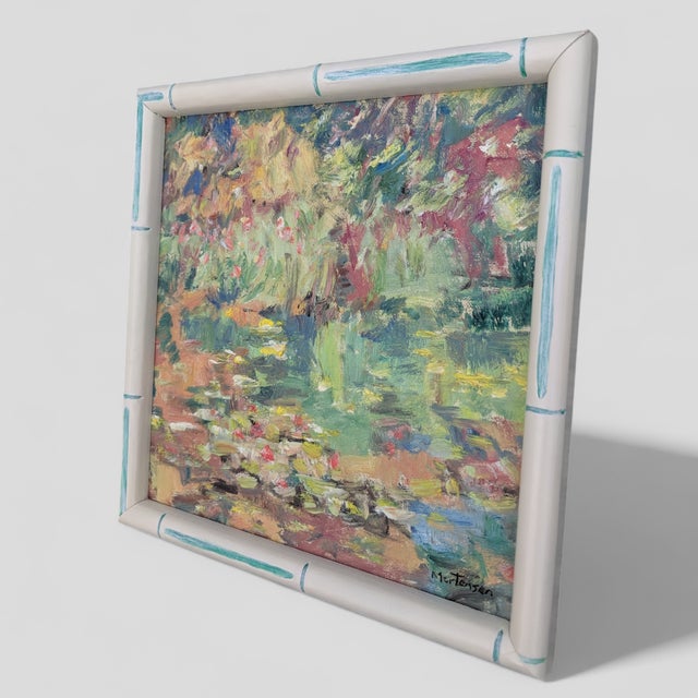 French Original Impressionist Painting Framed in Faux Bamboo Frame For Sale - Image 3 of 7