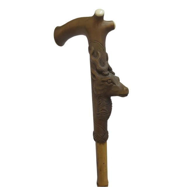 Deer Stag Head Carved Wood Handle Vintage Walking Stick Cane For Sale - Image 10 of 12
