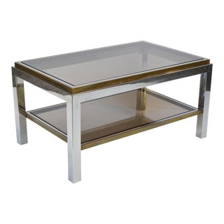 Signed Willy Rizzo Two-Tier Chrome & Brass Coffee Table Smoked Glass Italy 60s For Sale