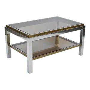 Signed Willy Rizzo Two-Tier Chrome & Brass Coffee Table Smoked Glass Italy 60s