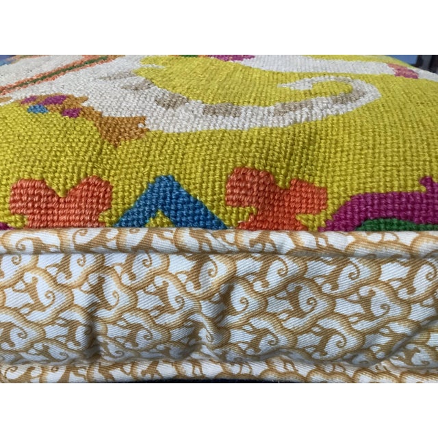 Electric Yellow Vintage Hand Made Needlepoint Pillow Indian Style Decorated Elephant For Sale - Image 8 of 12