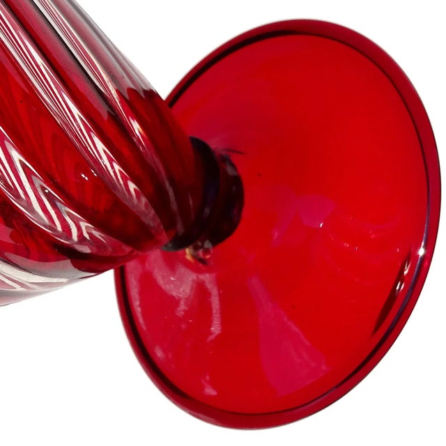 Ruby Red Vintage Murano AVeM Swirling Ruby Red Clear Stripes Italian Art Glass Ruffle Rim Footed Flower Vase For Sale - Image 8 of 8