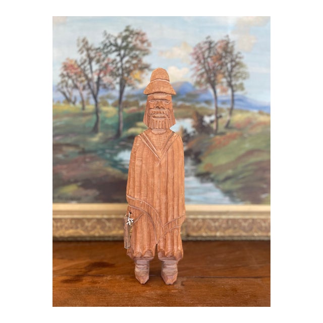 Hand-Carved Vintage Folk Art Wood Figure of Bearded Man With Hat and Carrying a Carved Object. For Sale
