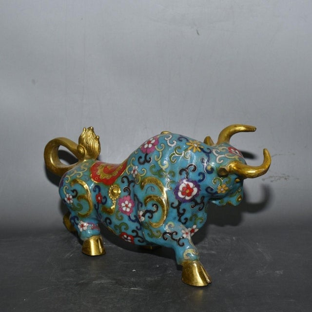 Vintage Cloisonne Enamel Bull Figurine – 11" Gilt Ox Sculpture With Floral Motif For Sale - Image 12 of 18