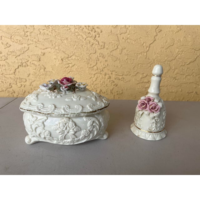 Victorian Vintage Victorian Floral Ceramic Heart Box and Bell For Sale - Image 3 of 9