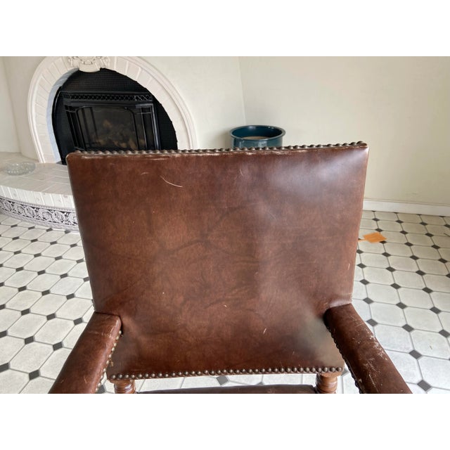 Rustic European Antique High Back Carved Wood Leather Chair For Sale - Image 3 of 12