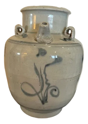 Antique 19th C Korean Style Blue & White Spouted Jar - 8" - 4-Lug Jar