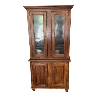 Antique-Style Pine Step-Back Hutch With Wavy Seedy Glass Doors For Sale