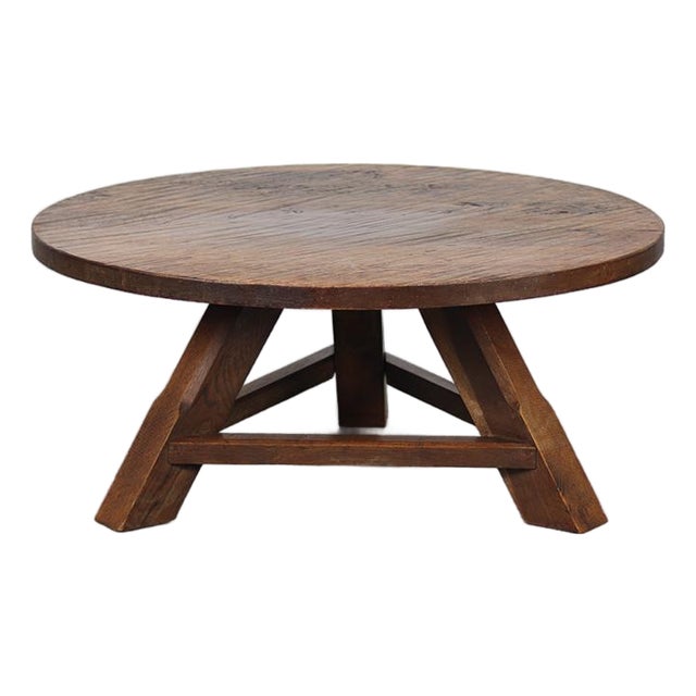 Large Round Vintage Brutalist Rustic Farmhouse Coffee Table from Oak For Sale