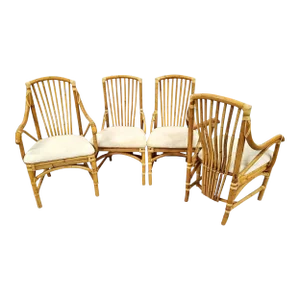 1970s Bamboo Rattan Sculptural Dining Chairs - Set of 4