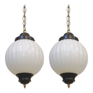 Matched Pair New-Old-Stock American Regency Art Deco Scalloped Glass Hanging Swag Lamps 1930's For Sale