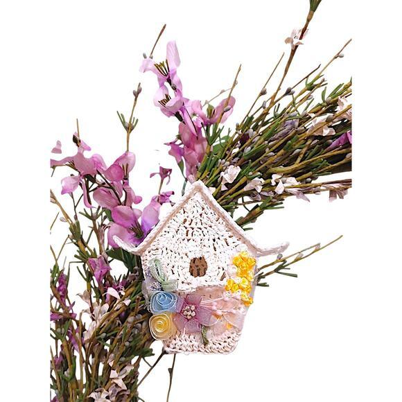 Field of Flowers Spring Summer Door Wreath 18" Crochet Feather Bird House Wall Field of Flowers Wreath Crochet Lace Bird...
