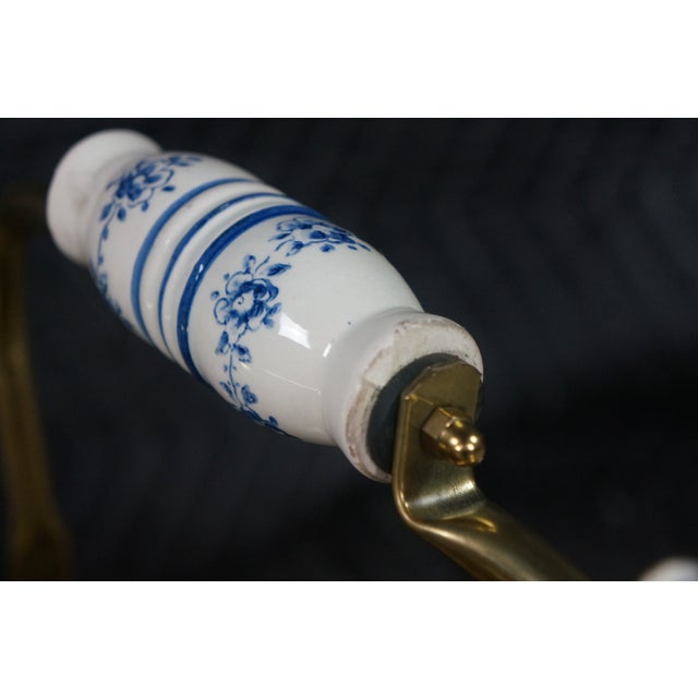 Antique Brass Coal Scuttle Delft Blue Porcelain Handle Fireplace Ash Bucket 16" For Sale - Image 4 of 18