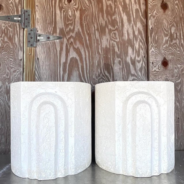 Infuse your home with artistic flair using this pair of Vintage Boho Plaster Arch Side Tables. These American-made pieces...