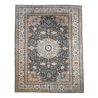 Vintage Room Size Persian Nain Rug, Handwoven Floral Pattern With Silk Highlights, Navy & Ivory , 9’ X 13’ For Sale