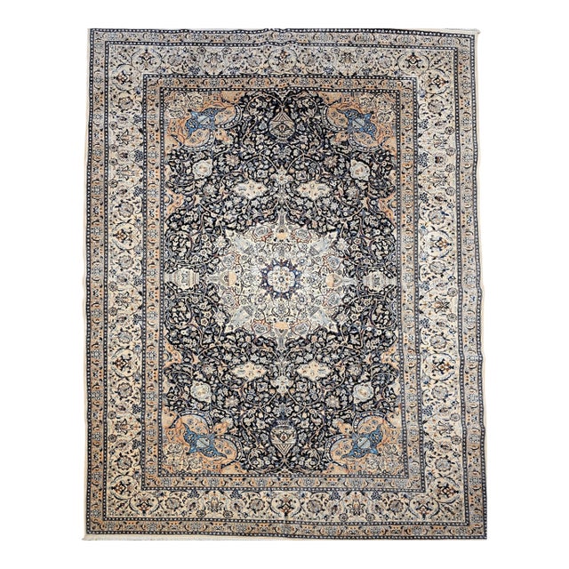 Vintage Room Size Persian Nain Rug, Handwoven Floral Pattern With Silk Highlights, Navy & Ivory , 9’ X 13’ For Sale