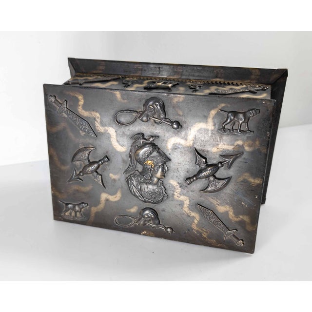 19th or 20th Century Silver Metal Jewelry Box With Dog and Arms Appliques For Sale - Image 4 of 14
