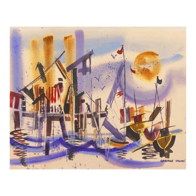 'Fishermen at Monterey Wharf' by Katherine Wengi, Mid-Century Woman Artist, Watercolor Society of Oregon For Sale