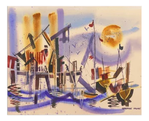 'Fishermen at Monterey Wharf' by Katherine Wengi, Mid-Century Woman Artist, Watercolor Society of Oregon