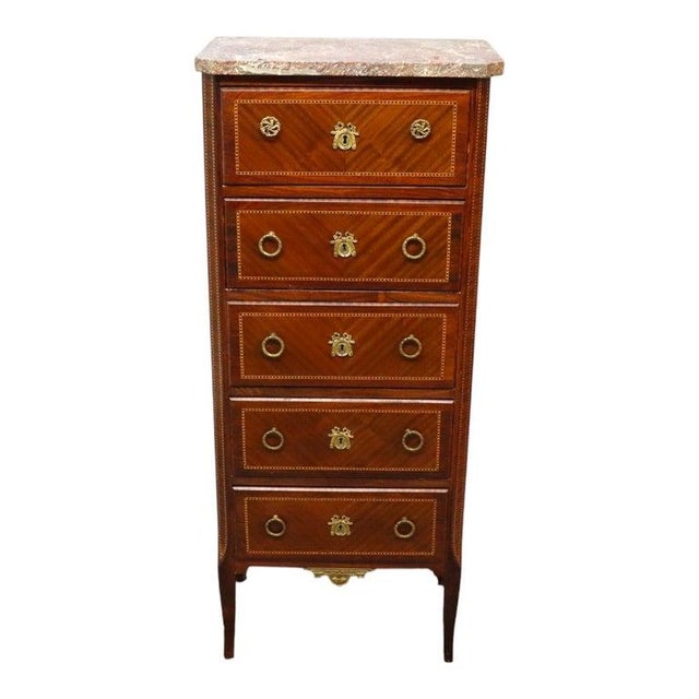 Louis XVI Style Mahogany, Rouge Marble & Ormolu Inlaid 5-Drawer Lingerie Chest For Sale - Image 6 of 15