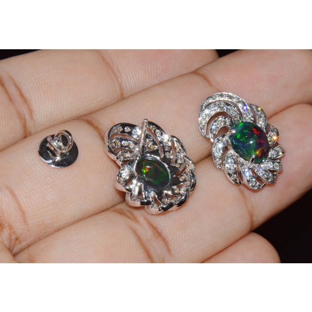 Metal Certified Natural 3.45Cts vs F Diamond Black Opal 18k Solid Gold Cocktail Swirl Earrings - 2 Pieces For Sale - Image 7 of 10