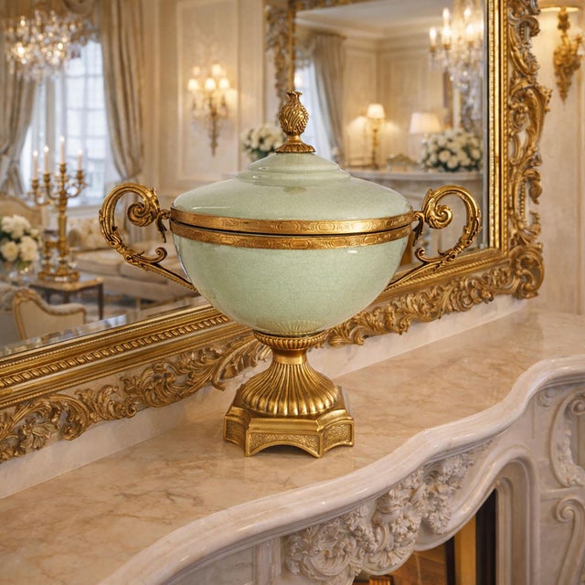 Offering an elegant heavy porcelain celadon urn with aged brass ormolu, circa late 20th century. The celadon porcelain has...